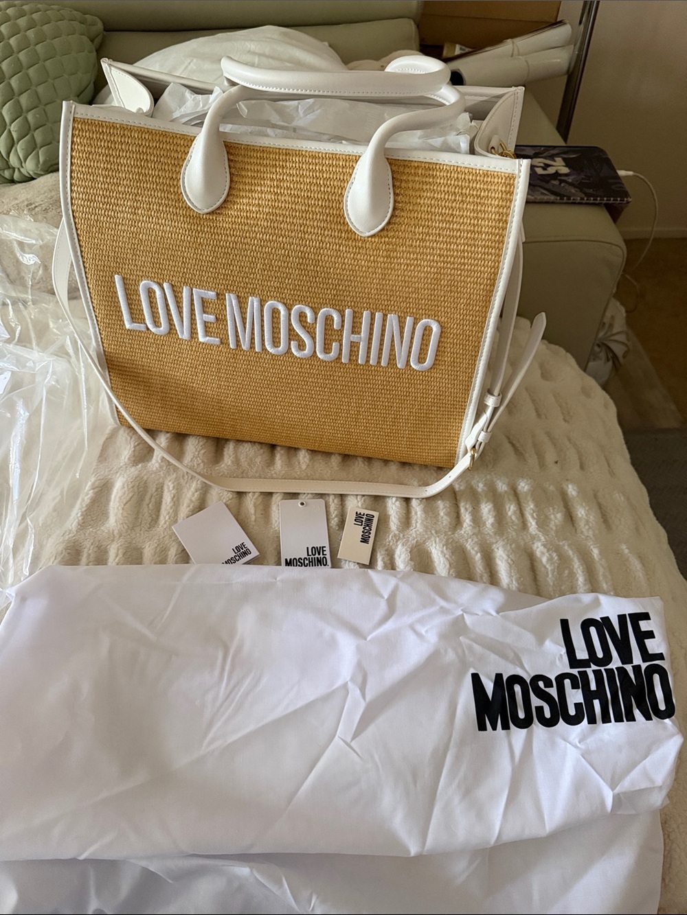 Love Moschino White and Tan Straw Tote with Bold Logo